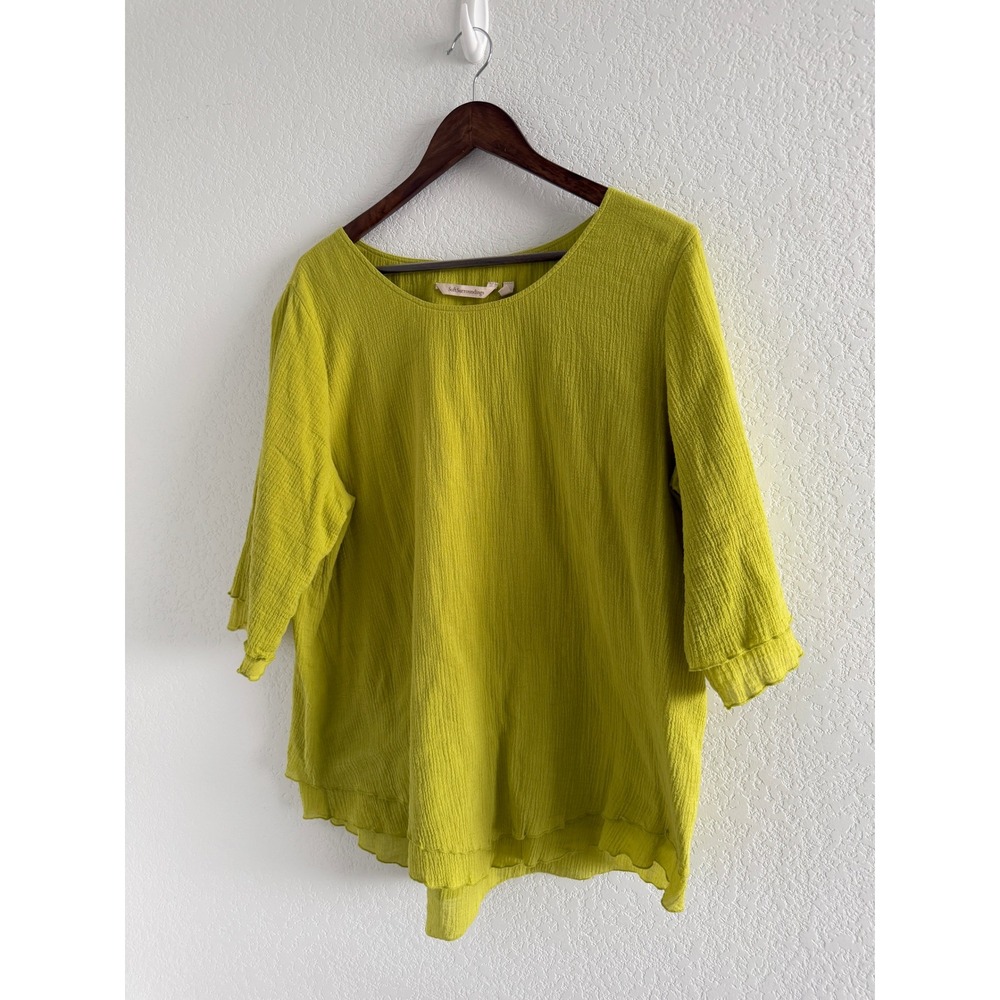 Soft Surroundings Boho Gauze Top Size L Green Chartreuse Layered Hem 100% Cotton